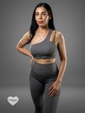 Set Deportivo "Ultra-Graphite" – Top Asimétrico de Doble Tirante y Leggings con Bolsillos